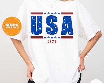 Womens 4th of July Shirt, 4th of July Comfort Colors Tee, Vintage USA Shirt, Patriotic Graphic Tee, Flag Shirt, USA Shirt, Independence Day