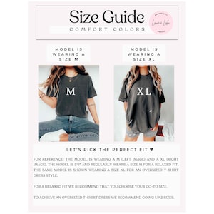 K&ouml;nnte beinhalten: Gr&ouml;&szlig;entabelle f&uuml;r ein T-Shirt-Kleid mit zwei Models, die das gleiche Shirt in verschiedenen Gr&ouml;&szlig;en tragen. Das Model links tr&auml;gt Gr&ouml;&szlig;e M und das Model rechts tr&auml;gt Gr&ouml;&szlig;e XL. Der Text lautet "Lass uns die perfekte Passform finden" und gibt Gr&ouml;&szlig;enempfehlungen f&uuml;r eine lockere Passform und eine Oversize-Passform.
