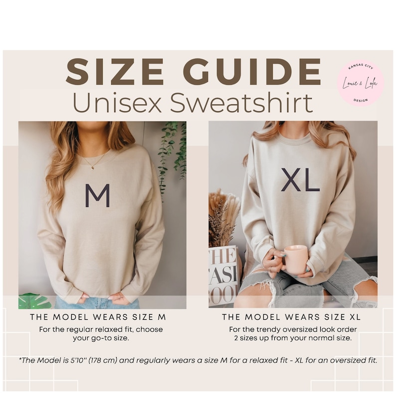 Puede incluir: Gu&iacute;a de tallas para una sudadera unisex. La modelo lleva una talla M y una talla XL. La modelo mide 1,78 m. La talla M es un ajuste relajado y la talla XL es un ajuste holgado.