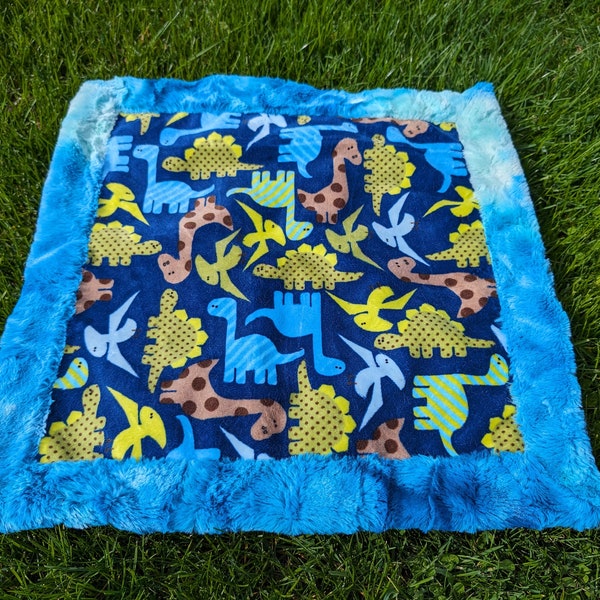 Lovey Blanket, Security Blanket, Minky lovey, Blue dinosaur blanket, Nursery,Baby gift, Handmade, Ready to Ship, Dinosaur lovey