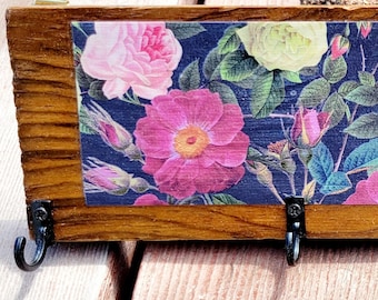 Wood Key Holder Rack Hooks for Wall Wild Roses Upcycled