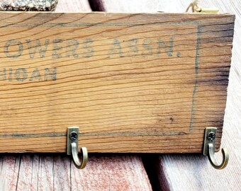 Wood Key Holder Rack Hooks for Wall Michigan Blueberry Growers Fruit Crate Upcycled