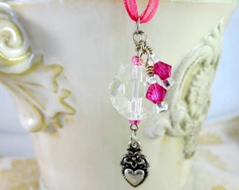 Rearview Mirror Jewelry Charm Car Feng Shui Wine Heart Hot Pink