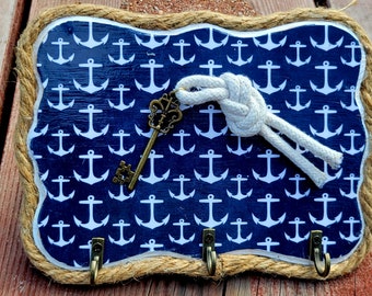 Wood Key Holder Rack Hooks for Wall Anchors Sailor's Knot Navy Blue