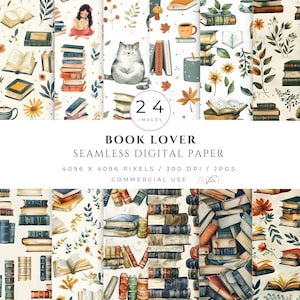 Libri Pacchetto di carta digitale Modello senza cuciture Amanti dei libri Creazione di carta Modelli di biblioteca Lettura di libri Carta per album stampabile ad acquerello Jpg