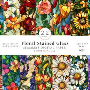Flower Stained Glass Digital Paper, Floral Faux Stained Glass Art For Fabric, Mugs, Tumblers Sublimation Design, Vintage Junk Journals Page