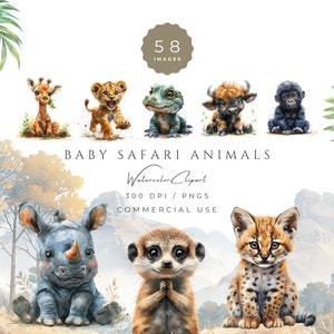 Animales de safari para bebés, imágenes prediseñadas PNG, fondo africano para decoración de fiesta de cumpleaños de Wild One, arte de guardería en la jungla, decoración de pared para habitación de niños DIY