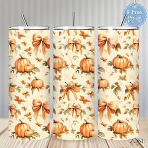May include: Three stainless steel tumblers with a fall-themed design. The tumblers feature a repeating pattern of orange pumpkins, bows, and leaves on a cream background. Each tumbler has a silver straw and the text "9 Free Designs Included".