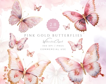 Rosa und Gold Schmetterling Clipart-Set PNG | Aquarell Kinderzimmer Wand Kunst | Mädchen-Babyparty-Einladung Elemente | Pastell Schmetterlingsküsse
