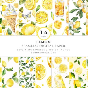 Aquarell Zitrone Digitales Papier Nahtloses Muster, Zitrone Druck Sammlung Sommer Obst druckbare Texturen Hintergrund, Scrapbook Papier, Stoff