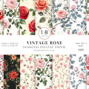 May include: A collection of 18 seamless digital papers featuring watercolor roses in various shades of red and pink, with green foliage. The papers are labeled "Vintage Rose" and are for commercial use. Each image is 13.65 x 13.65 inches.