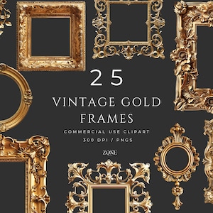 Vintage Goldrahmen Clipart, Barock Antik Rahmen Clip Art PNG, Junk Journal Rahmen, Scrapbook Gold Ornament, Einladung Vorlage