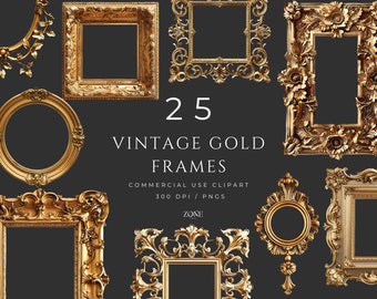 Vintage Gold Frames Clipart, Baroque Antique Frame Clip Art PNG, Junk Journal Frame, Scrapbook Gold Ornament, Invitation Template