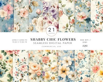 Shabby Chic Flowers Digital Papers, Vintage Floral Fabric, Printable Distressed Journal Page, Scrapbook Paper Craft, Collage Sheet Ephemera