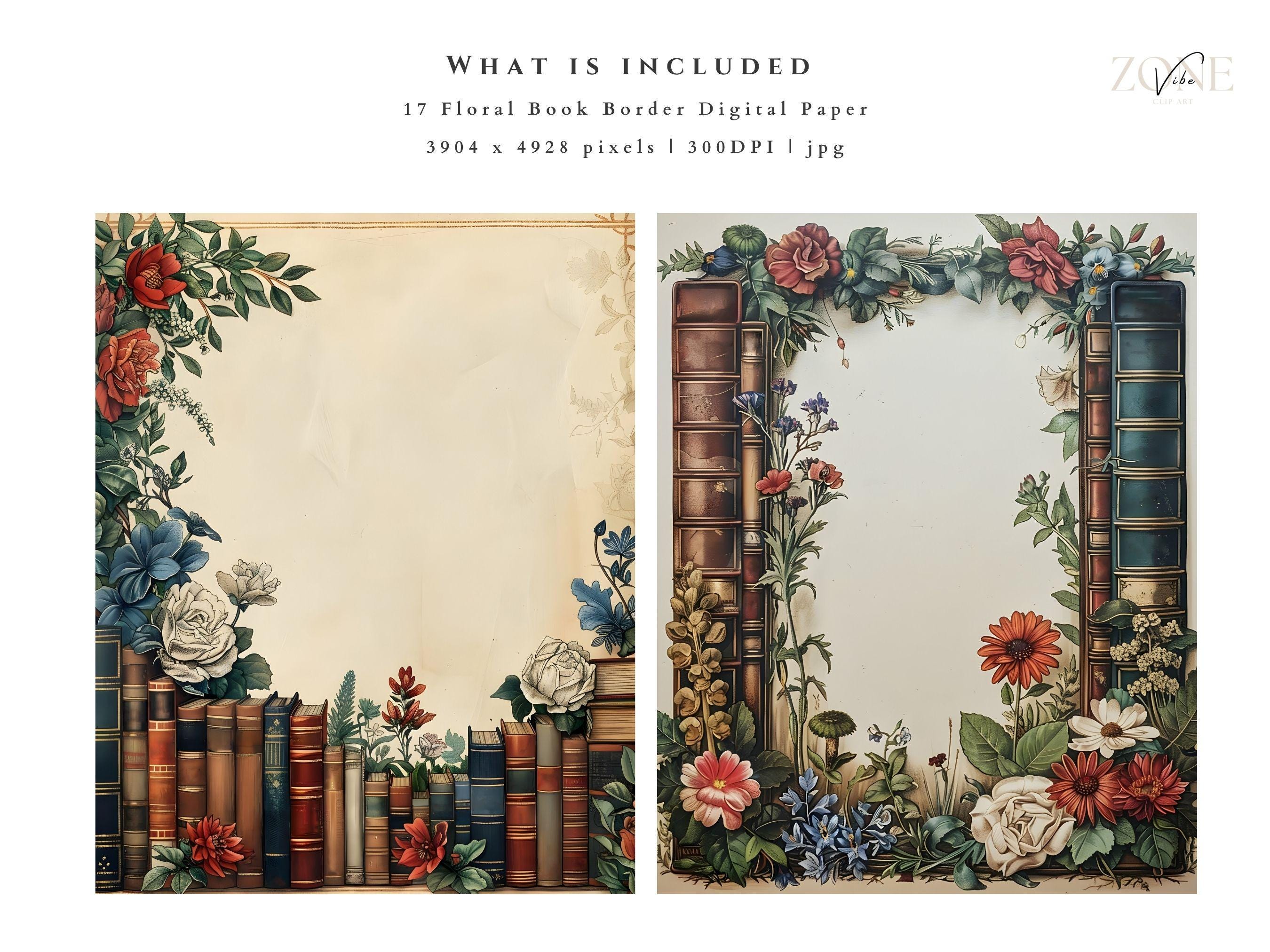 Book Border Digital Papers, Vintage Floral Book Scrapbooking for Book ...