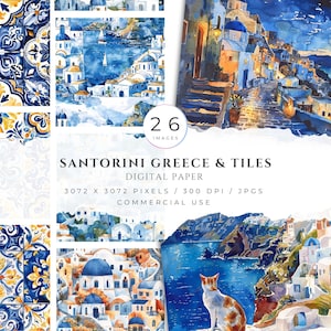 Santorin, Grèce, papier numérique, modèle sans couture, Grèce Clipart imprimable Junk Journal, papiers de scrapbooking, Grèce vacances, carreaux de la Méditerranée