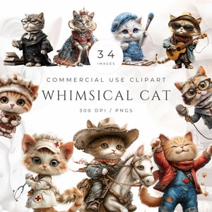 Funny Cat Clipart, Whimsical Career Cats PNG, Cartoon Graphics for T Shirt Sublimation, Cat Lover Gifts, Digital Stickers Crafts, Ornaments