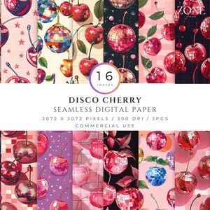 Papiers numériques cerise disco, dernier papier peint boule disco des années 80, fabrication de cartes de fête rétro, sublimation, cadeau unique à faire soi-même, scrapbooking imprimable Jpg