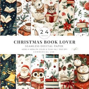 Pacchetto di carta digitale di libri di Natale, regalo di festa per gli amanti dei libri, creazione di carta per club di lettura, segnalibro stampabile, carte di diario di spazzatura festiva