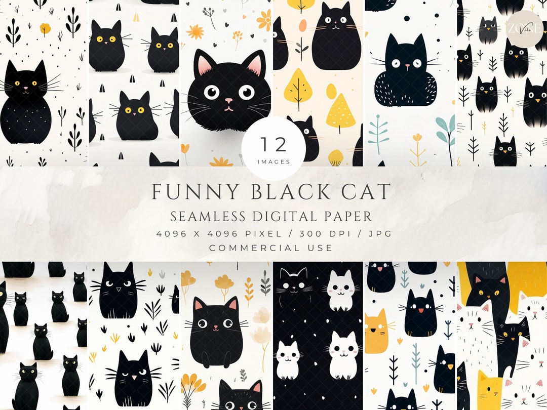 Black Cat Digital Paper Pack, Funny Kitty Seamless Pattern, Printable ...