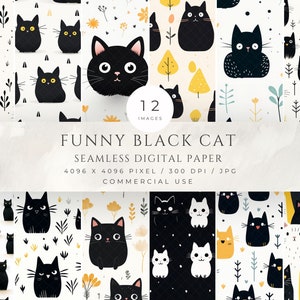 Paquete de papel digital de gato negro, patrón sin costuras de gatito divertido, fondo decorativo imprimible, envoltura de regalos, papel para álbumes de recortes, sublimación JPG