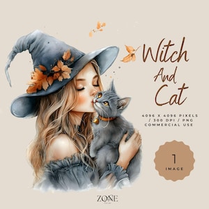 Clipart acquerello strega autunnale, strega autunnale e gatto png per tazza strega felpa coperta sublimazione, stregoneria autunnale, carta fai da te stampabile