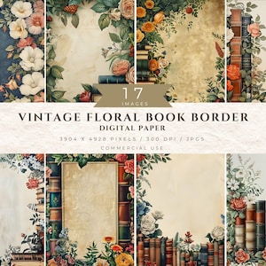 Digitala papper med bokkant, scrapbooking av vintageblommor för bokälskare, utskrivbar skräpjournal, planerare, bokomslag, e-bok, jpg