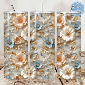 3D beker met roze en witte bloemen omslag png, marmeren achtergrond, bladgoud en parels, 20oz magere beker sublimatie naadloos ontwerp