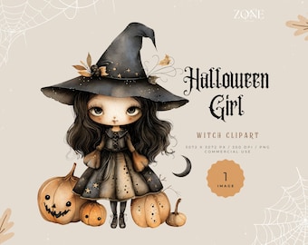 Whimsical Halloween Witch Clipart Quirky Girl Cute Pumpkin PNG Halloween Bruxaria Digital Party Convidar Diário Adesivo Presentes para impressão