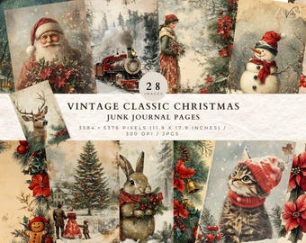 Könnte beinhalten: Ein Set mit 28 digitalen Papieren im Vintage-Weihnachtsstil für Junk Journaling. Die Papiere zeigen Bilder von Weihnachtsmann, Schneemann, Reh, Kaninchen, Katze, Weihnachtsbaum und Zug. Die Papiere sind 3584 x 5376 Pixel (11,9 x 17,9 Zoll) groß und haben 300 DPI.