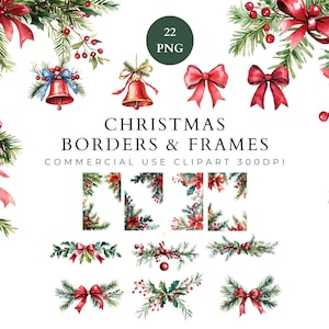 May include: A set of 22 watercolor Christmas borders and frames featuring red bows, holly, berries, and bells. The graphics are perfect for adding a festive touch to your holiday projects.