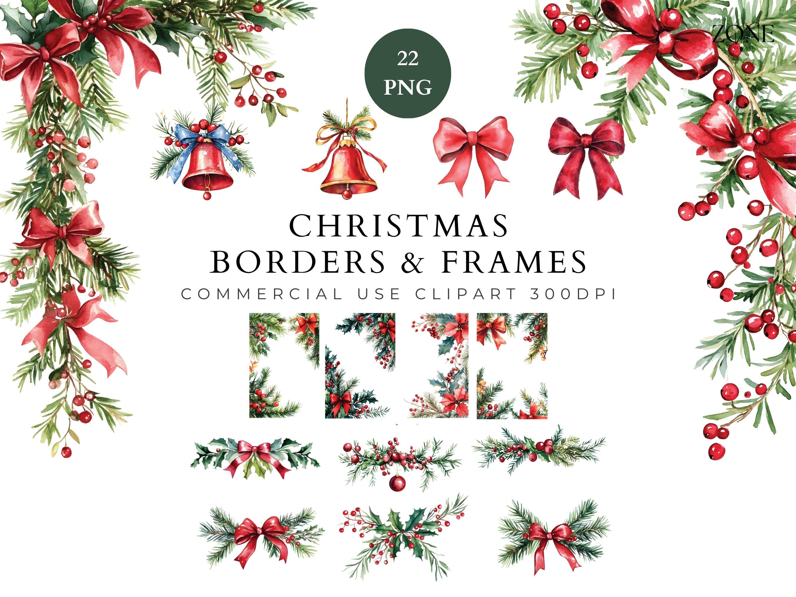 Christmas Garland Border Clipart Art, Xmas Frame Png, Red Bow, DIY