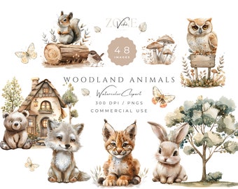 Watercolor Woodland Animals Clipart | Fairy Forest Nursery Decor PNG | Baby Shower & 1st Birthday Invitation | Cute Rabbit Fox Baby Elements