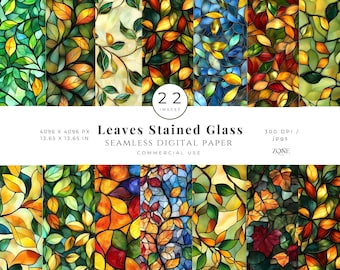 Stained Glass Leaves Pattern Digital Papers For Stained Glass Window Decor Stickers, Leaf Pattern Fabric, Sublimation DIY Crafters Companion