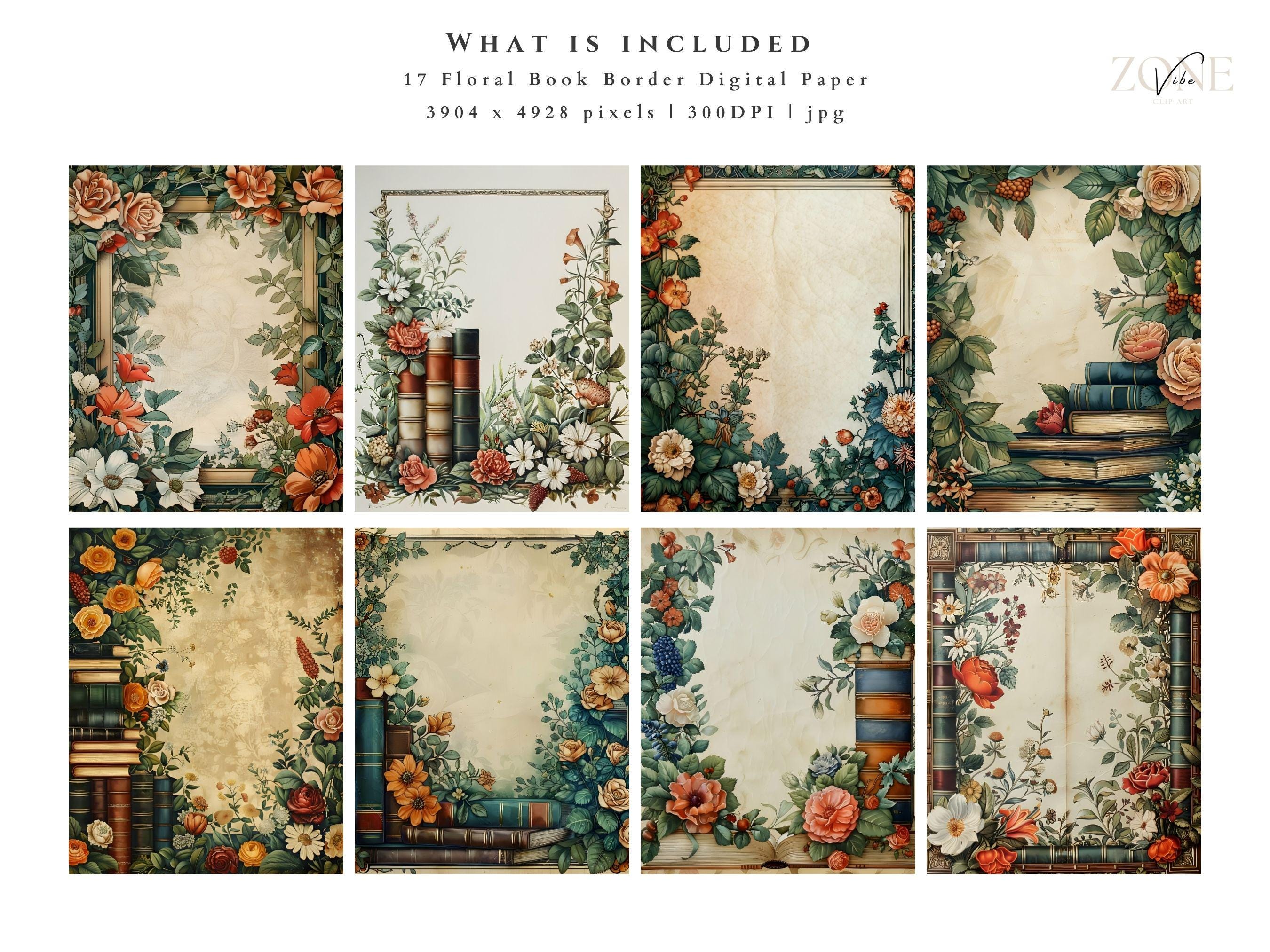 Book Border Digital Papers, Vintage Floral Book Scrapbooking for Book ...