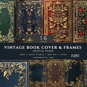Puede incluir: Dieciséis diseños vintage de cubiertas y marcos de libros con patrones florales dorados sobre fondos de colores diferentes. Los diseños son de 3584 x 5376 píxeles, 300 DPI y en formato JPG. Son para uso comercial.