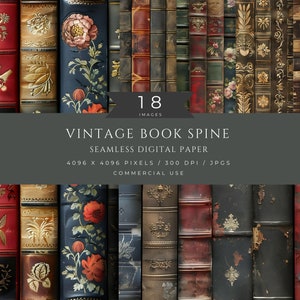 May include: A digital paper pack featuring 18 vintage book spine designs. The spines are a mix of colors, including red, blue, green, and gold. The designs are intricate and detailed, with floral patterns, lettering, and other decorative elements. The paper is seamless and can be used for a variety of crafting projects.