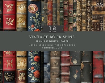 May include: A digital paper pack featuring 18 vintage book spine designs. The spines are a mix of colors, including red, blue, green, and gold. The designs are intricate and detailed, with floral patterns, lettering, and other decorative elements. The paper is seamless and can be used for a variety of crafting projects.