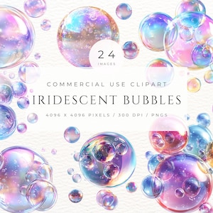 May include: A set of 24 iridescent bubbles in various sizes and colors. The bubbles are transparent and have a rainbow sheen. They are perfect for adding a touch of whimsy to any design project.