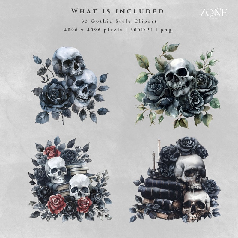 Watercolor Gothic Clipart, Dark Academia, Skulls Clipart, Mystical ...