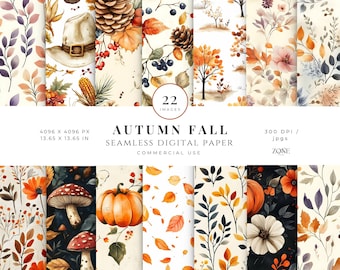 May include: A set of 22 digital papers featuring autumnal designs. The papers include illustrations of leaves, pumpkins, mushrooms, pine cones, berries, and other fall elements. The papers are 4096 x 4096 pixels and 300 DPI.