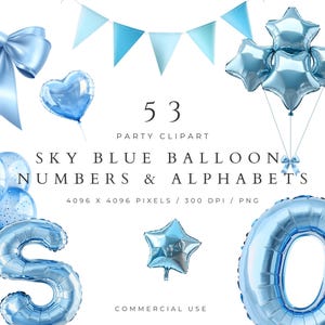 Himmel Blau Ballon Alphabet Zahlen Clipart, Baby Shower Ballon Clipart für Babyparty Einladung, Jungen Geburtstagskarte, Folienballon Png