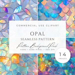 May include: A set of 14 seamless digital paper patterns featuring iridescent opal textures in various geometric shapes, including flower, scales, and pebbles. The patterns are 4096 x 4096 pixels and 300 DPI.