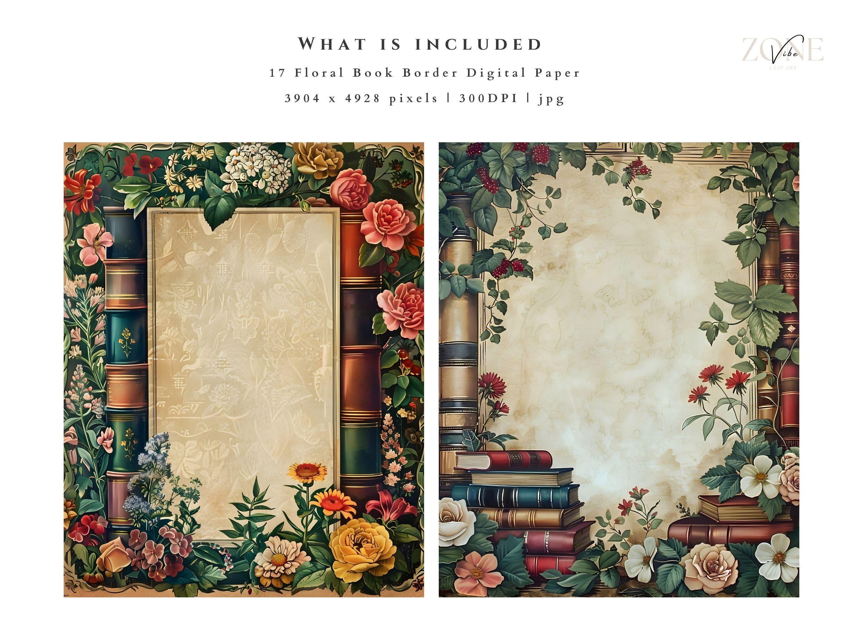 Book Border Digital Papers, Vintage Floral Book Scrapbooking for Book ...