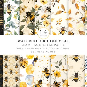 Watercolor Bee Digital Paper Seamless Pattern Printable Bee Theme Scrapbook Papers Pack Natural Bumble Bee Honeycomb Background With Floral