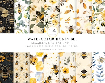 Watercolor Bee Digital Paper Seamless Pattern Printable Bee Theme Scrapbook Papers Pack Natural Bumble Bee Honeycomb Background With Floral