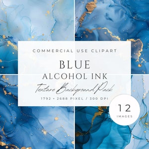 Op de afbeelding: Twaalf digitale papiertexturen met blauwe en gouden alcoholinkt in een marmerpatroon. De texturen zijn 1792 x 2688 pixels en 300 DPI. Clipart voor commercieel gebruik.