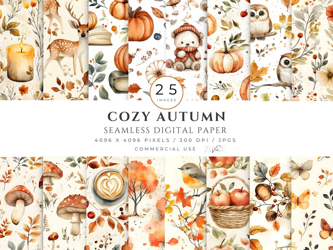 Cozy Autumn Background Watercolor Pumpkin Digital Papers, Fall Junk ...