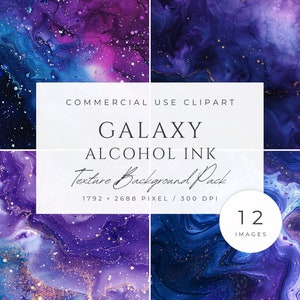 Op de afbeelding: Een set van 12 digitale galaxy-achtergronden met alcoholinkt in tinten blauw, paars en goud met glitter. De achtergronden zijn 1792 x 2688 pixels en 300 DPI.  Clipart voor commercieel gebruik.