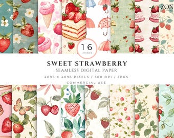 Sweet Strawberry Digital Paper Seamless Pattern | Cute Summer Fruit Background | Strawberry Shortcake Theme | Scrapbooking Fabric Planner